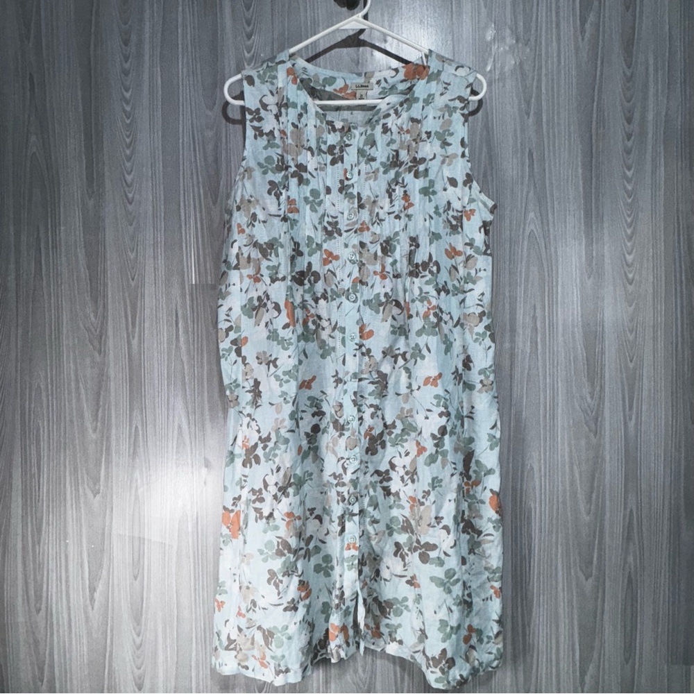L.L Bean Blue Floral Print Linen Pleated Sleeveless Button Front Dress Size 14 P